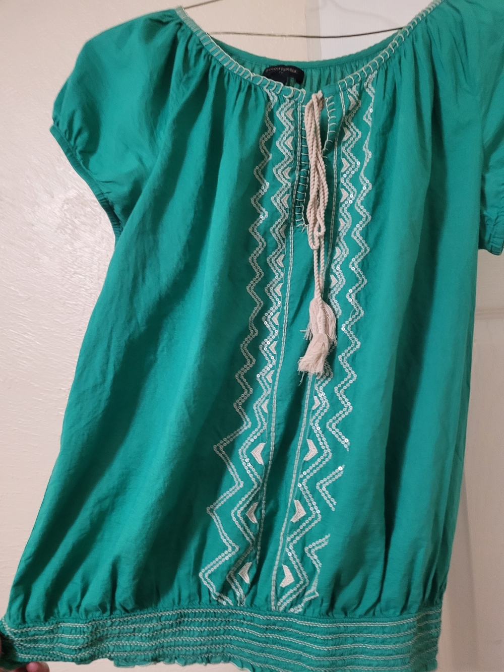 Banana Republic Teal Boho Peasant Top with Tassel Detail
